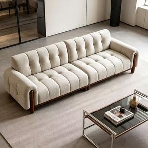 Modern Tufted Fabric <b>Sofa</b> Three Seat With Wood Legs Chesterfield Style Living Room Furniture - Product Image 1