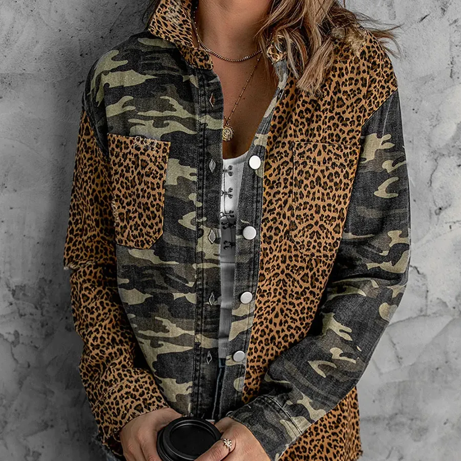 Casaco longo camuflado vintage com estampa de leopardo ocidental, casaco casual solto feminino, bolso camuflagem, 2023