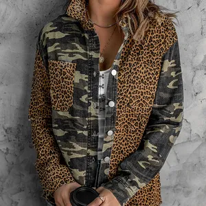 Chaqueta larga con bolsillo de camuflaje y estampado de leopardo Vintage occidental 2023, abrigos informales holgados de camuflaje para mujer