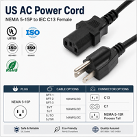 Câble d'alimentation UL homologué 10A 125V NEMA 5-15P vers IEC C13, 18AWG 3C, prise US, câble CA pour PC, ordinateur portable, moniteur, personnalisable