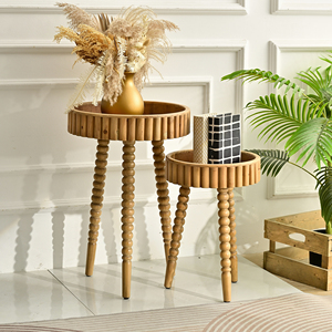 Home Living Room Accent <b>Round</b> Storage Tray Wood <b>Coffee</b> <b>Table</b> with Turned Leg - Product Image 2