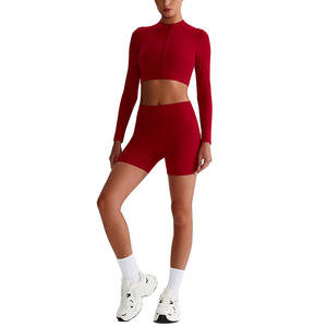 कस्टम दो टुकड़ा कसरत सेट लंबे आस्तीन शॉर्ट्स सक्रिय जिम कपड़ों की लुभावनी ट्रैकसूट स्लिम फिट स्पोर्ट्सवियर प्रशिक्षण संगठन - Product Image 6