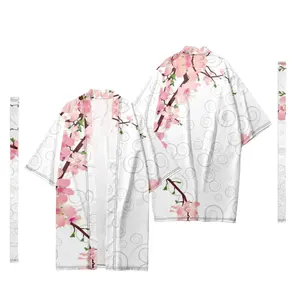 Erkek japon uzun Kimono hırka samuray kostüm Kimono geleneksel Sakura desen Kimono gömlek Yukata ceket 1