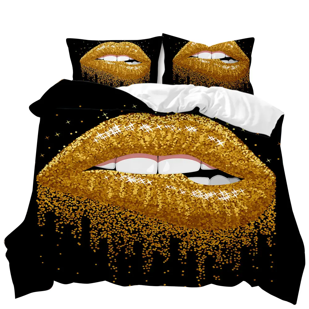 Novo design 3d dourado sexy lábio padrão, colcha, capa impressa, conjunto de cama doméstica