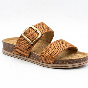 Sandales plates en paille tressée marron à bout ouvert avec boucle, semelle en liège, chaussures de mode estivales - Product Image 1