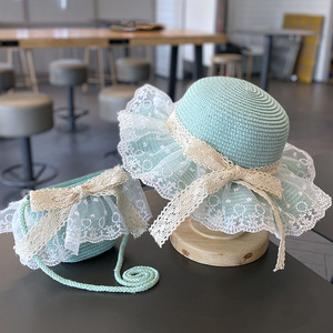 Nouveau filles chapeaux mode été dentelle fleur casquettes respirant chapeau de paille élégant enfants chapeau de soleil belle <span class=keywords><strong>pompon</strong></span> bébé <span class=keywords><strong>Bonnet</strong></span> sac ensemble - Product Image 3