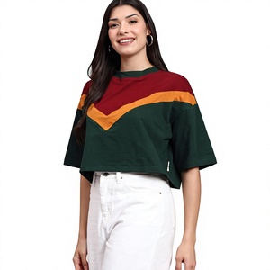 Camiseta Corta de Mujer con Bloques de Color, Cuello Redondo, Manga Corta, Ajuste Holgado, Informal, Verde, Rojo, Naranja, Tejida, Primavera Verano - Product Image 3