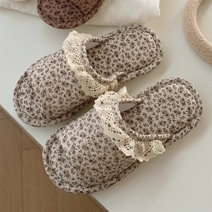 Pantuflas de algodón estilo hogareño retro con encaje floral, para las cuatro estaciones, de lino, para mujer, de ocio, para interiores, con borde de encaje coreano, para niña, con estampado floral. - Product Image 3