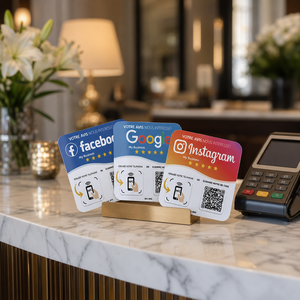 Support de table personnalisé en acrylique avec carte RFID NFC NTAG216 13,56 MHz pour avis clients et évaluations étoilées pour restaurants et commerces - Product Image 1