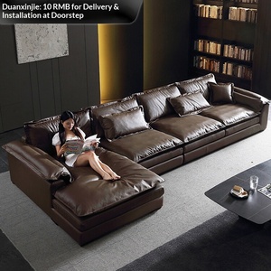 Juego de Sofás en Forma de L de Cuero Genuino Minimalista Italiano con Asientos Extra Anchos Desmontables para Salas de Estar Grandes - Product Image 1