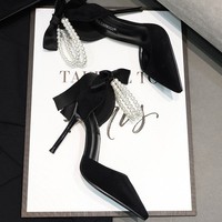 Nouveauté 2024 Sandales d'Été à Talons Aiguilles Fins et Boucle Unique, Talon Haut Stiletto Mode Femme Noir Bout Pointu Nœud, Vente en Gros