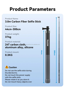 Palo de Selfie Monopié Extensible de Fibra de Carbono de 3 Metros TELESIN con Tornillo de 1/4 para Cámaras GoPro, Insta360, Osmo Action, <span class=keywords><strong>DJI</strong></span> Action - Product Image 3