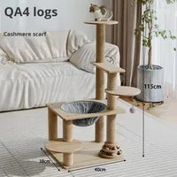 Arbre à chat intégré en bois de grande taille, gain de place, avec griffoir, plateforme de saut, maisonnette et jouet interactif
