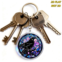 Porte-clés en acrylique Verre Teinté Corbeau Noir Silhouette de Corbeau sur Fond Mosaïque Violet et Bleu Double Face Breloque d'Art Gothique