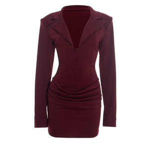 Robe pour femme Viviblook Q25DS438, nouvelle robe décontractée, coupe ajustée, couleur unie, col en V profond, manches longues, mini robe de costume - Product Image 6