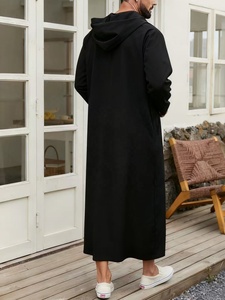 Loose Muslim Men's Hooded Long Robe Embroidered Sleeve Islamic Black Casual Gown Open Front Design <strong>for</strong> Comfortable Wear Clothing - Product Image 2