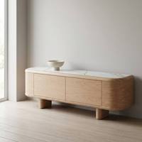 Nouveau Meuble TV Moderne Écologique en Chêne Courbé 2026 avec Plateau en Pierre Frittée Effet Marbre, Console Multimédia de Rangement pour Salon