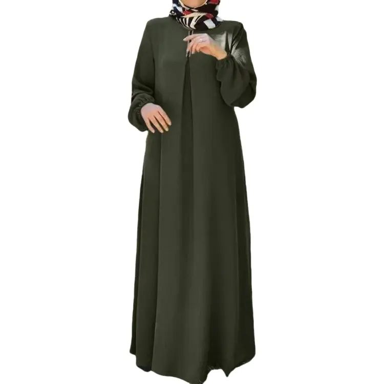 Yeni Robe katı renk kabarcık kol nefes Polyester kadın müslüman uzun elbise elbiseler için örtülü kadınlar mütevazı elbise