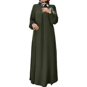 Gaun Abaya Muslim wanita poliester bersirkulasi lengan gelembung warna polos jubah baru untuk wanita berhijab gaun sederhana