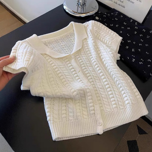 Cárdigan de punto blanco calado de manga corta para mujer, cuello polo, ajuste ceñido, transpirable, top de verano - Product Image 1