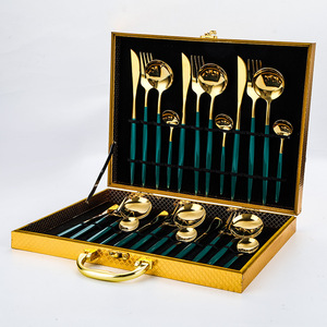 Amazon Utensil Fork Knife Spoon black gold flatware stainless steel cutlery 24pcs set with wooden box