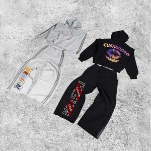 Ensemble survêtement décontracté personnalisé 2025, sweat-shirt à capuche et pantalon de survêtement à jambe droite, ensemble surdimensionné, délavage acide - Product Image 1