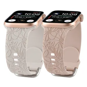 패션 새겨진 히비스커스 꽃 스트랩 시계 실리콘 스포츠 스마트 시계 레이저 밴드 iWatch 시리즈 5 6 40mm 42mm 44mm 45mm 49mm