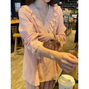 Printemps et été Section mince rétro princesse Style pyjamas dames dentelle col en v Cardigan cravate corde à manches longues lâche <span class=keywords><strong>Homewear</strong></span> deux - Product Image 2