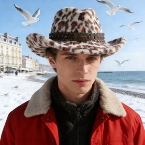 Sombrero Vaquero con Estampado de Leopardo ZhenXi, Talla M56-58cm, Forrado de Felpa, Cálido para Otoño e Invierno - Product Image 3