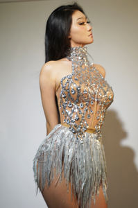 Conjunto de 2 piezas de falda con borlas y corsé de diamantes de imitación de lentejuelas para mujer, puesta en escena, Gogo Dancer Wear Show Club, <span class=keywords><strong>disfraz</strong></span> de <span class=keywords><strong>fiesta</strong></span> de Carnaval - Product Image 3