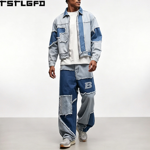 Veste en jean coupe boxy coupée et cousue, épaisse, avec empiècements patchwork, coutures apparentes, délavage clair, style streetwear, vêtement d'extérieur, vente en gros - Product Image 1