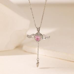 איכות מעולה נירוסטה מצופה זהב 18k שרשרת יהלום אנחל כנפיים ורוד תליון לב רנינסטון ורוד - Product Image 5