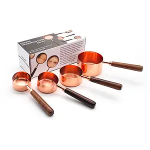 Solid Wood Handle Premium Stainless Steel Rose Gold Polished Measuring Cups For Cooking Baking Dry Liquid Measuring Cups