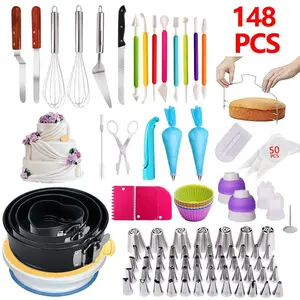 148 Stück komplettes Backset für Bäckerei perfektes Fondant Kuchen Werkzeug-Kit einschließlich Dreh-Tablettständer und Herstellungswerkzeuge