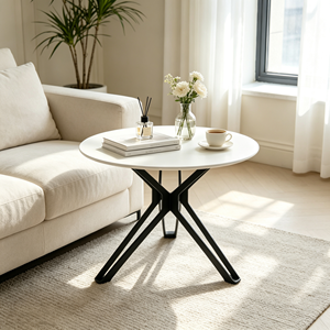Table basse ronde moderne en verre trempé, cadre en métal noir, meubles de salon, design minimaliste, facile à nettoyer - Product Image 1
