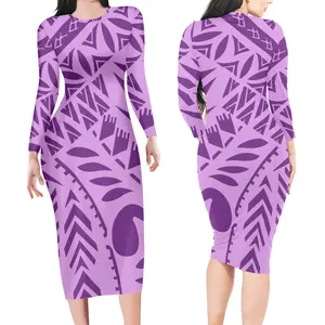 Elegante viola pacific island modello tribale allentato plus size dress autunno nuovo design manica lunga slim fit dress abiti polinesiani