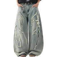 Jeans baggy pour homme sur mesure, jeans brodés en patchwork, bords effilochés, pantalon en denim à jambes larges, fabricant