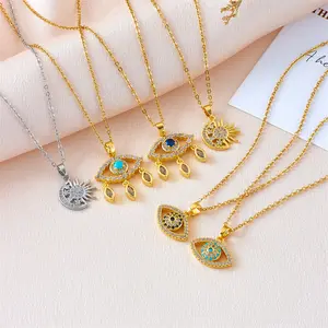 Fashion Gold Plated Brass Copper Cz Crystal Blue Zircon Devil Eyes Evil Eyes Pendant Necklace Jewelry For Women