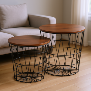 ชุดโต๊ะข้างวางซ้อนกันได้ 2 ตัว พร้อมที่เก็บของด้านบนแบบถอดได้ โต๊ะข้างตกแต่งสำหรับห้องนั่งเล่น ห้องนอน สีดำ สีน้ำตาล โลหะ - Product Image 2