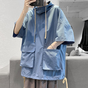 定制标志实心宽松半袖夏季拉绳连帽口袋休闲七分t恤男 - Product Image 1