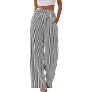 Women's Linen Summer Palazzo Pants Wide Leg High Waist <b>Flowy</b> Beach Trousers With Pockets Breathable Lightweight - Product Image 2