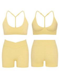 Nuovo Design Comodo Set Sportivo Giallo per Yoga: Reggiseno Sportivo e <span class=keywords><strong>Pantaloncini</strong></span> a Vita Incrociata a Tre Quarti - Hot Sale Bttuer Feeling - Product Image 5