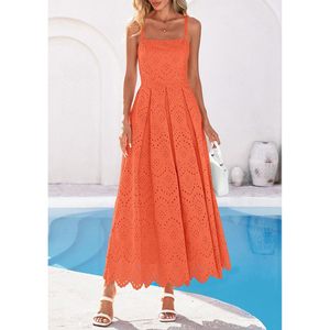 Robe longue d'été sans manches pour femme, col carré, à œillets, coupe trapèze fluide, pour les vacances à la plage, en tissu tissé respirant - Product Image 2