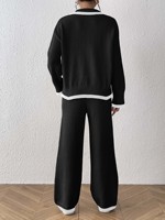 Ensemble deux pièces pour femmes en gros, pull à col polo à blocs de couleur avec pantalon de détente à jambes larges