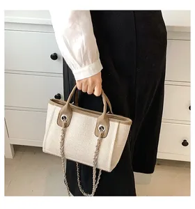 Bolsos de Mano al por Mayor, Bolsa de Lona con Asa de Cuero, Bolsa Negra Lisa - Product Image 3