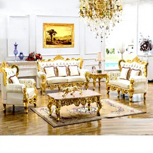 Juego de Sofás Tallados a Mano en Oro Antiguo, Acabado de Lujo de Alta Demanda, Muebles de Madera de Teca Duraderos para Sala de Estar - Product Image 1