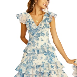 OEM verano Vintage moda Casual Vestido corto cuello en V volantes vestidos Floral impreso Mini vestidos personalizados - Product Image 3