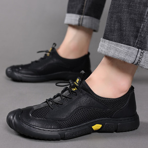 Men's Breathable Mesh <b>Sneakers</b> Soft <b>Leather</b> Low Heel Rubber Outsole Leisure Walking Shoes - Product Image 2
