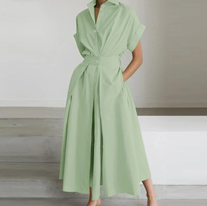 Women's Elegant Lapel Collar Shirt <strong>Dress</strong> Short Sleeve Elastic High Waist Pocketed Flared Midi <strong>Dress</strong> Solid Summer Casual <strong>Dress</strong> - Product Image 3