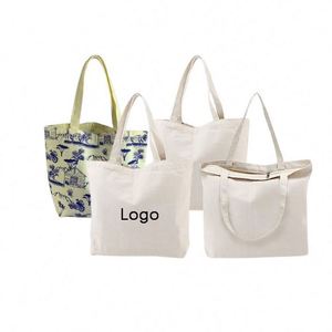 Sac fourre-tout en coton imprimé avec logo sur toute la surface, grande capacité, sac fourre-tout en toile beige avec fermeture éclair - Product Image 1